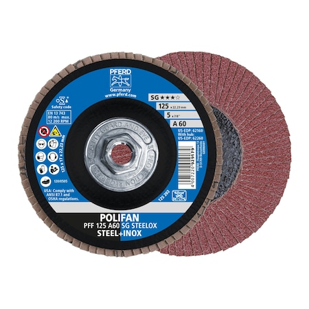 Pferd 5" x 5/8-11 Thd. POLIFAN Flap Disc - A SG STEELOX, Aluminum oxide, 60 Grit, Flat 62260